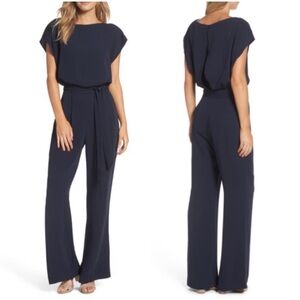 ELIZA J Belted Jumpsuit Navy Blue Womens 14 Wide Leg Cap Sleeve Neutral Classic
